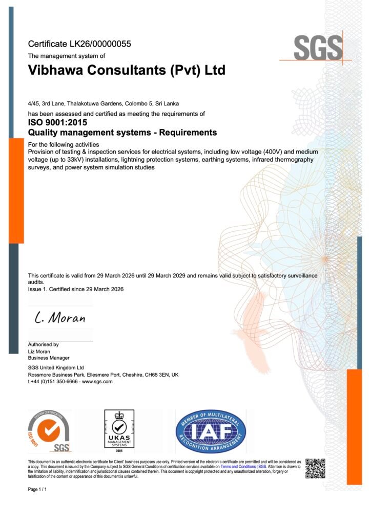 Certifications &Amp; Affiliations 1 ISO 9001:2015 electrical certifications Sri Lanka - Vibhawa Consultants certificate LK26/00000055 issued by SGS