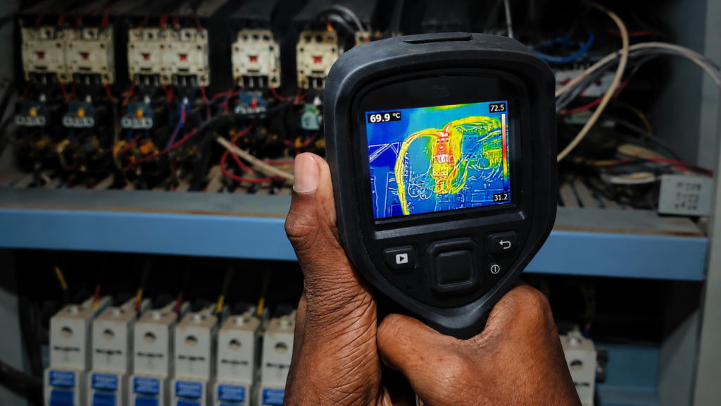Thermographer conducting an infrared thermography inspection in a chemical warehouse