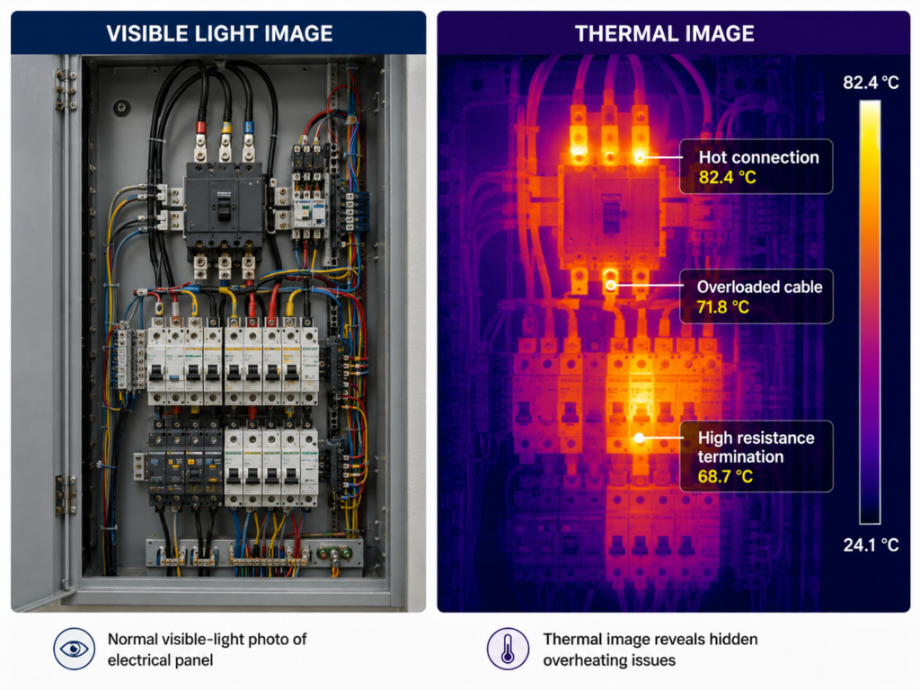 Visible and thermal image comparison showing hidden overheating in an electrical panel 