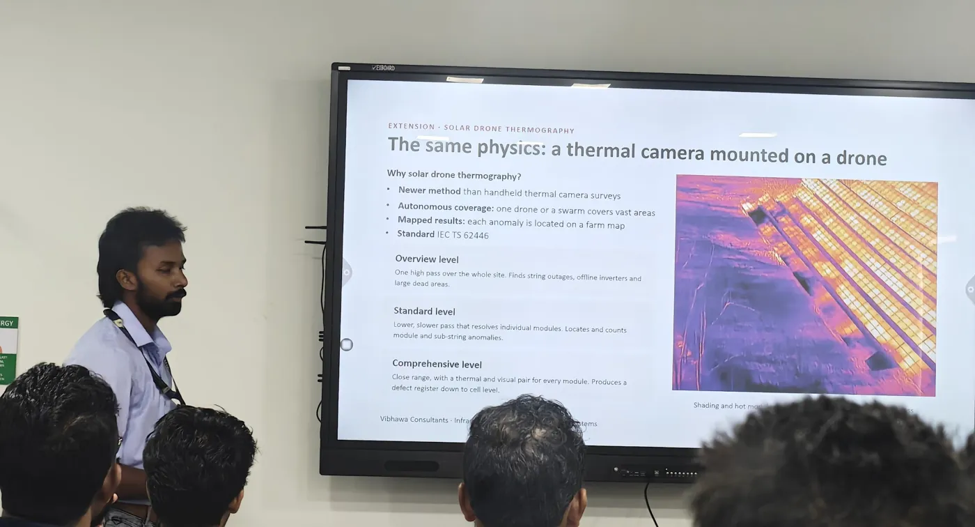 Vibhawa Adds The Dji Matrice 4T To Its Drone Thermography Fleet 5 Vibhawa engineer presenting an internal training session on solar drone thermography survey levels