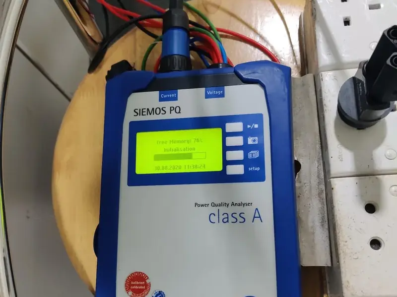 Siemos PQ Class A power quality analyser connected on site with voltage and current leads