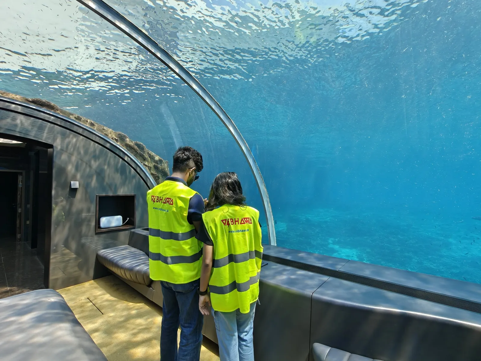 Vibhawa engineers inside the undersea restaurant at Conrad Maldives Rangali Island