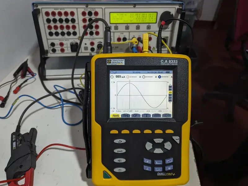C.A 8333 power quality analyser with current clamp checked against a secondary injection test set