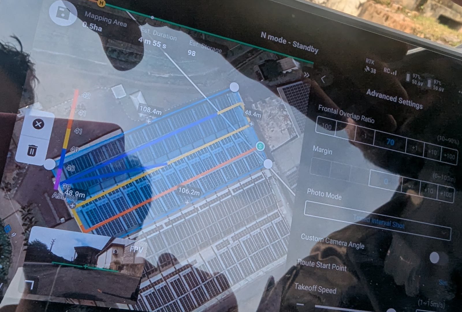Solar Pv Consultancy 3 Drone mapping mission planned over a solar PV installation on the remote controller